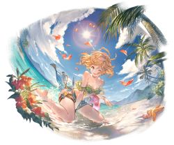 Rule 34 | 1girl, ahoge, arm support, bare shoulders, barefoot, beach, bikini, bikini top only, blonde hair, blue sky, breasts, cleavage, cloud, cloudy sky, collarbone, day, earrings, flower, frilled bikini, frills, full body, granblue fantasy, green bikini, green eyes, island, jewelry, looking at viewer, medium breasts, messy hair, midriff, minaba hideo, navel, ocean, official art, one eye closed, open mouth, outdoors, palm leaf, palm tree, petals, sarong, shore, short hair, sitting, sky, smile, starfish, stomach, sun, sunlight, swimsuit, teena (granblue fantasy), thigh strap, thighs, transparent background, tree, water, water drop, wet