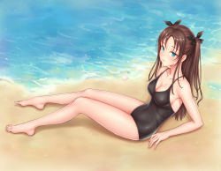 Rule 34 | 1girl, absurdres, bad id, bad pixiv id, barefoot, beach, black bow, black one-piece swimsuit, blue eyes, bow, breasts, brown hair, casual one-piece swimsuit, cleavage, collarbone, covered navel, day, fate/stay night, fate (series), full body, hair bow, highres, long hair, medium breasts, one-piece swimsuit, shiny clothes, shiny skin, sideboob, sitting, solo, swimsuit, tohsaka rin, twintails, yuyuyu (pixiv19949705)
