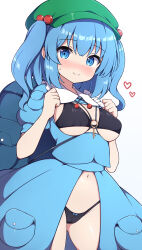 Rule 34 | 1girl, adapted costume, backpack, bag, bikini, black bikini, blue eyes, blue hair, blue shirt, blue skirt, breasts, closed mouth, cowboy shot, flat cap, green hat, hair bobbles, hair ornament, hat, heart, highres, kawashiro nitori, key, large breasts, medium hair, revealing clothes, rizento, shirt, short sleeves, simple background, skirt, solo, swimsuit, touhou, two side up, white background