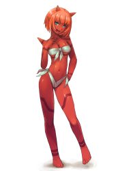 Rule 34 | 1girl, :d, aonori, barefoot, bikini, blue eyes, breasts, cleavage, colored skin, contrapposto, dragon quest, dragon quest x, full body, hand on own hip, head tilt, highres, horns, ogre (dq10), open mouth, pink hair, pointy ears, red skin, short hair, simple background, smile, solo, spikes, standing, swimsuit, tattoo, white background