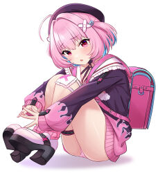 Rule 34 | 1girl, :o, ahoge, backpack, bag, bandaid, bandaid hair ornament, bandaid on knee, bandaid on leg, beret, black footwear, blue hair, blush, breasts, chest harness, cleavage, collarbone, colored inner hair, cross, cross print, crossed bandaids, fang, fingernails, flame print, frilled sailor collar, frills, hair intakes, hair ornament, harness, hat, high heels, idolmaster, idolmaster cinderella girls, idolmaster cinderella girls starlight stage, jacket, knees up, latin cross, legs, light blue hair, long sleeves, looking at viewer, multicolored clothes, multicolored hair, multicolored jacket, nail polish, o-ring, open mouth, panties, patch, pink eyes, pink hair, pink jacket, pink nails, pink panties, pumps, purple hat, purple jacket, randoseru, sailor collar, sakura ran, shoe soles, simple background, sleeves past wrists, small breasts, solo, teddy bear hair ornament, thigh strap, thighs, two-tone footwear, two-tone hair, two-tone jacket, two side up, underwear, white background, white footwear, white sailor collar, x, x hair ornament, yumemi riamu