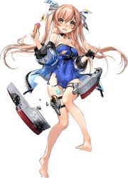 Rule 34 | 1girl, alternate costume, barefoot, blue one-piece swimsuit, blush, breasts, brown eyes, choker, cleavage, covered navel, damaged, embarrassed, food, full body, groin, holding, holding food, ice cream cone, jacket, johnston (kancolle), kantai collection, light brown hair, long hair, looking at viewer, medium breasts, off shoulder, official art, one-piece swimsuit, open mouth, rigging, sidelocks, solo, star (symbol), star choker, swimsuit, tachi-e, thigh strap, torn clothes, transparent background, two side up, united states medal of honor, zeco