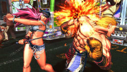 Rule 34 | abs, breasts, capcom, crossover, fighting, final fight, legs, midriff, muscular, pink hair, poison (final fight), topless male, short shorts, shorts, slapping, steve fox, street fighter, street fighter x tekken