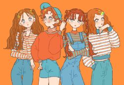 Rule 34 | 4girls, blue eyes, blush, cowboy shot, crossed arms, female focus, glasses, hair ornament, hairclip, hairpin, hand in pocket, hand on own hip, hat, highres, long hair, long sleeves, midriff peek, multiple girls, multiple hairpins, orange background, orange theme, original, overalls, rikuwo, shirt, shirt tucked in, short hair, short shorts, shorts, simple background, star (symbol), striped clothes, striped shirt, twintails