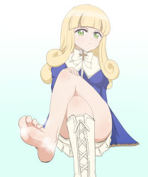 Rule 34 | 1girl, angel, aqua background, azur lane, barefoot, blonde hair, blush, boots, breasts, crossed legs, feet, foot out of frame, gradient background, green eyes, highres, invisible chair, jashin-chan dropkick, knee boots, long hair, looking at viewer, open mouth, poporon (jashin-chan dropkick), shino (yaruki nai yatsu), shiny skin, simple background, sitting, small breasts, smell, soles, solo, toes, white background, white legwear