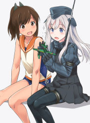 Rule 34 | 10s, 2girls, :d, aircraft, airplane, black legwear, blonde hair, blue eyes, blush, brown eyes, brown hair, cropped jacket, dress, garrison cap, hair ornament, hat, i-401 (kancolle), kantai collection, long hair, long sleeves, military, military uniform, multiple girls, open mouth, pantyhose, ponytail, puffy long sleeves, puffy sleeves, sailor collar, school swimsuit, school uniform, short hair, silver hair, smile, sparkle, swimsuit, swimsuit under clothes, u-511 (kancolle), uniform, youkan