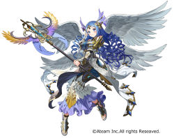 Rule 34 | 1girl, :3, blue eyes, blue hair, blush, breasts, copyright name, curly hair, dress, feathered wings, gaou (umaiyo puyoman), hair wings, head wings, highres, holding, holding staff, large breasts, long hair, matching hair/eyes, multiple wings, official art, sandals, simple background, smile, solo, staff, tiara, urd (valkyrie connect), valkyrie connect, watermark, white background, white dress, white wings, wings