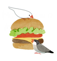 Rule 34 | . ., animal, animal focus, artist name, bird, burger, cheese, commentary request, finch, food, food focus, from side, hirasawa minami, in food, java sparrow, lettuce, no humans, no lineart, original, simple background, white background, white bird, white java sparrow