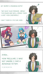 Rule 34 | 1boy, 3koma, ?, ^ ^, absurdres, arms behind back, barefoot, bdsm, black hair, blood, blue hair, bondage, bound, bound wrists, breasts, chloe (fire emblem), cleavage, cleave gag, closed eyes, cloth gag, comic, commentary, covered navel, elbow gloves, fire emblem, fire emblem engage, gag, gagged, gloves, green eyes, green vest, highres, holding, holding photo, improvised gag, iscreamman001, kneeling, large breasts, lipstick mark, long hair, louis (fire emblem), necktie, nintendo, nosebleed, photo (object), red eyes, red hair, shirt, short hair, thighhighs, thighs, upper body, very long hair, vest, white gloves, white shirt, white thighhighs, yellow necktie, yunaka (fire emblem)