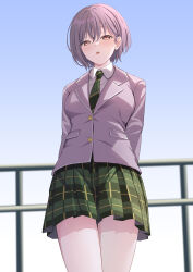 Rule 34 | 1girl, absurdres, arms behind back, bang dream!, bang dream! it&#039;s mygo!!!!!, blazer, blue sky, blurry, blurry background, breasts, brown eyes, buttons, collared shirt, commentary, cowboy shot, day, diagonal-striped clothes, diagonal-striped necktie, from below, green necktie, green skirt, grey hair, grey jacket, hair behind ear, hair between eyes, haneoka school uniform, highres, jacket, light blush, long sleeves, looking at viewer, looking down, medium breasts, miniskirt, necktie, outdoors, parted lips, plaid, plaid skirt, pleated skirt, pocket, ptal, railing, school uniform, shirt, short hair, skirt, sky, solo, standing, striped clothes, takamatsu tomori, teeth, upper teeth only, white shirt