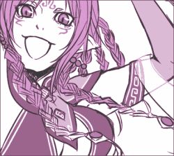 Rule 34 | 1girl, armpits, braid, breasts, cleavage, da ji, elbow gloves, ezaki, female focus, gloves, large breasts, looking at viewer, lowres, monochrome, multiple braids, musou orochi, purple theme, shoulder pads, simple background, solo, white background