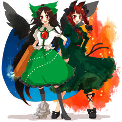Rule 34 | 2girls, braid, dress, female focus, full body, kaenbyou rin, multiple girls, multiple tails, popoin, reiuji utsuho, skirt, tail, touhou, twin braids, twintails, two tails, white background