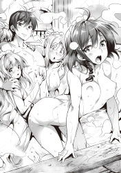 Rule 34 | 1boy, 4girls, :o, ahoge, ajishio, ass, blush, bouncing breasts, braid, breasts, closed mouth, copyright request, doggystyle, floating hair, greyscale, group sex, gyakuten isekai de saikyou yuusha ga musou harem, hand on another&#039;s shoulder, harem, highres, large breasts, long hair, maid headdress, manly, medium breasts, monochrome, motion lines, multiple girls, nipples, novel illustration, nude, official art, open mouth, sex, sex from behind, single braid, smile, vaginal