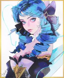 Rule 34 | 1girl, black bow, black dress, blue eyes, blue hair, border, bow, breasts, cleavage, closed mouth, detached sleeves, dress, drill hair, expressionless, gwen (league of legends), hair bow, highres, jian tai (cuoyu0), league of legends, light smile, lolita fashion, long hair, looking at viewer, medium breasts, neck tattoo, orange border, sidelocks, signature, simple background, solo, star (symbol), star in eye, symbol in eye, tattoo, twin drills, upper body, white background