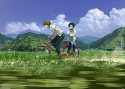 Rule 34 | 1boy, 1girl, :d, bad id, bad pixiv id, bicycle, black hair, cloud, day, domo1220, dust, field, grass, hill, landscape, motion blur, multiple riders, open mouth, original, outdoors, riding, scenery, short hair, sidesaddle, sky, smile, yamaaaa