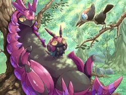 Rule 34 | ^ ^, absurdres, antennae, artist name, bird, black eyes, blue eyes, branch, closed eyes, colored sclera, commentary request, creatures (company), dappled sunlight, dated, day, forest, game freak, gen 5 pokemon, gen 7 pokemon, grass, highres, katkichi, leaf, light rays, looking at another, lying, nature, nintendo, no humans, on back, open mouth, outdoors, pikipek, plant roots, pokemon, pokemon (creature), rock, scolipede, sunbeam, sunlight, tree, venipede, yellow sclera