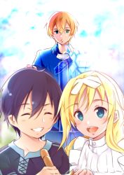 Rule 34 | 1girl, 2boys, age difference, alice zuberg, apron, black hair, blonde hair, blue eyes, blue pants, blue shirt, cloud, collarbone, commentary request, crying, crying with eyes open, day, eugeo, closed eyes, green eyes, hair between eyes, hair ribbon, hairband, height difference, highres, kirito, long hair, multiple boys, open mouth, pants, parted lips, ribbon, shi-2, shirt, short hair, sky, smile, sword art online, sword art online: alicization, tears, teeth