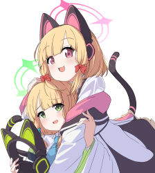 2girls :3 animal_ear_headphones animal_ears blonde_hair blue_archive blue_necktie blunt_bangs blush cat_ear_headphones cat_tail fake_animal_ears green_eyes green_halo halo headphones highres holding holding_headphones hug jacket kaine_(gupisgood) looking_at_viewer low-tied_sidelocks midori_(blue_archive) momoi_(blue_archive) multiple_girls necktie open_clothes open_jacket pink_halo red_eyes shirt siblings sisters smile tail twins upper_body white_background