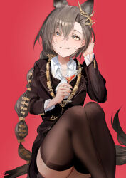Rule 34 | 1girl, animal ears, arknights, ascot, asymmetrical bangs, black coat, black thighhighs, brown hair, closed mouth, coat, collared shirt, extra ears, highres, long hair, long sleeves, looking at viewer, maria (syake-uni), mole, mole above eye, mole on forehead, penance (arknights), red background, shirt, simple background, sitting, smile, solo, tail, thighhighs, very long hair, white ascot, white shirt, wolf ears, wolf girl, wolf tail, yellow eyes, zettai ryouiki