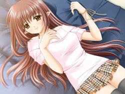 Rule 34 | 00s, 1girl, ahoge, bed, black thighhighs, bracelet, breasts, brown skirt, collarbone, elf, game cg, hand on own chest, jewelry, lisianthus, long hair, looking at viewer, lying, medium breasts, nishimata aoi, on bed, pillow, pink shirt, plaid, plaid skirt, pointy ears, red hair, shirt, short sleeves, shuffle!, skirt, smile, solo, thighhighs, yellow eyes