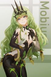 Rule 34 | 1girl, akashin, asymmetrical gloves, bare shoulders, black dress, black gloves, breasts, character name, cleavage, closed mouth, crown, dress, earrings, gloves, green eyes, green hair, hair between eyes, honkai (series), honkai impact 3rd, jewelry, long hair, looking at viewer, mismatched gloves, mobius (honkai impact), see-through, see-through sleeves, single earring, single sleeve, sleeveless, sleeveless dress, smile, solo, wavy hair