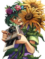Rule 34 | 1boy, 9twoeight, absurdres, basil (headspace) (omori), basil (omori), blush, bright pupils, camera, character name, collared shirt, flower, green eyes, green hair, green shirt, head wreath, highres, holding, holding camera, holding flower, omori, open mouth, overalls, photo (object), shirt, short hair, short sleeves, simple background, smile, solo, something (omori), sunflower, upper body, white background, white pupils