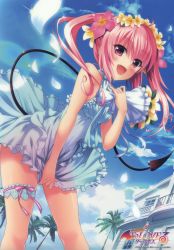 Rule 34 | 1girl, :d, absurdres, bouquet, breasts, dress, fang, flower, frilled dress, frills, hair flower, hair ornament, highres, nana asta deviluke, official art, open mouth, pink eyes, pink hair, skirt hold, sleeveless, small breasts, smile, tail, to love-ru, to love-ru darkness, twintails, white dress, yabuki kentarou