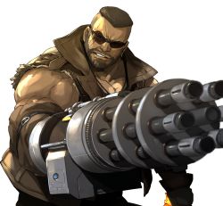 Rule 34 | 1boy, arm cannon, barret wallace, biceps, clenched teeth, dark skin, dark-skinned male, enami katsumi, final fantasy, final fantasy vii, final fantasy vii remake, gatling gun, highres, looking to the side, male focus, muscular, muscular male, simple background, sleeveless, solo, sunglasses, teeth, torn clothes, torn sleeves, upper body, vest, weapon