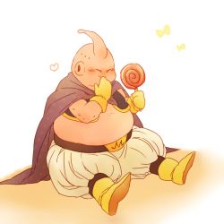 Rule 34 | 1boy, blush, boots, candy, cape, dragon ball, dragonball z, food, gloves, hand to own mouth, happy, heart, lollipop, majin buu, male focus, ribbon, simple background, sitting, smile, white background