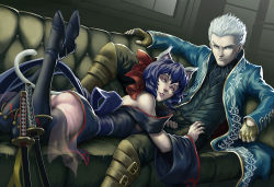 Rule 34 | 1boy, 1girl, animal ears, armor, ass, bare shoulders, black footwear, black thighhighs, blue eyes, blue hair, boots, bow, cat ears, cat tail, coat, crossover, detached sleeves, devil may cry (series), dress, feet up, fingerless gloves, gloves, hair bow, katana, knee boots, kuroi-tsuki, long sleeves, lying, noihara himari, off shoulder, omamori himari, on stomach, open clothes, open coat, pale skin, parted lips, plantar flexion, purple eyes, purple ribbon, ribbon, sash, see-through, serious, sheath, short hair, sword, tail, thigh boots, thighhighs, unsheathed, vergil (devil may cry), weapon, white hair