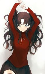 Rule 34 | 1girl, arms up, black hair, black skirt, black thighhighs, blue eyes, breasts, closed mouth, cross, fate/stay night, fate (series), grey background, hair ribbon, long hair, long sleeves, lpip, red sweater, ribbon, simple background, skirt, solo, sweater, thighhighs, tohsaka rin, two side up