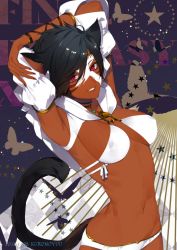 Rule 34 | 1girl, animal ears, arm up, armpits, arms behind head, artist name, black hair, breasts, bug, butterfly, cat ears, cat tail, commentary request, dark-skinned female, dark skin, facial mark, final fantasy, final fantasy xiv, fingernails, highres, hood, hood down, insect, jewelry, kurono yuu, lips, looking at viewer, medium breasts, miqo&#039;te, nail polish, navel, necklace, panties, parted lips, purple eyes, simple background, smile, solo, star (symbol), starry background, tail, underwear