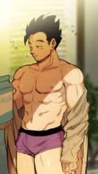 Rule 34 | 1boy, abs, bara, bare pectorals, black hair, boxer briefs, briefs, carton, closed mouth, dragon ball, dragonball z, highres, holding, holding carton, large pectorals, male focus, male underwear, milk carton, muscular, muscular male, navel, nipples, off shoulder, open clothes, open shirt, pectorals, purple boxer briefs, purple male underwear, saiyan, shirt, short hair, siratan, solo, son gohan, spiked hair, thick thighs, thighs, translation request, underwear, white shirt