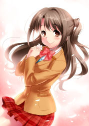 Rule 34 | 1girl, blazer, blush, bow, bowtie, breasts, brown hair, brown jacket, ears visible through hair, half updo, idolmaster, idolmaster cinderella girls, jacket, long hair, long sleeves, looking at viewer, own hands together, plaid, plaid skirt, red bow, red bowtie, shimamura uzuki, simple background, skirt, smile, solo, yellow eyes, zen