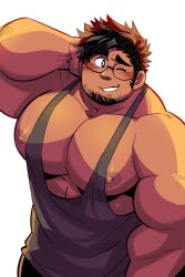 Rule 34 | 1boy, arm behind head, bara, bare arms, bare pectorals, blush, cowboy shot, dark-skinned male, dark skin, edwin (kokukokuboo), facial hair, glasses, goatee, grey tank top, hand on own neck, kokukokuboo, large pectorals, leaning to the side, long sideburns, looking at viewer, male focus, mature male, muscular, muscular male, nipples, original, pectorals, puffy chest, short hair, shy, sideburns, solo, tank top, thick eyebrows