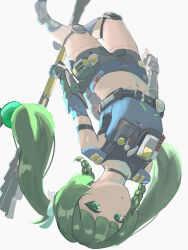 Rule 34 | 1girl, absurdres, android, battery, black choker, black footwear, black gloves, braid, braided sidelock, choker, commentary, fingerless gloves, full body, gloves, green eyes, green hair, grey background, highres, higure yuu, holding, holding staff, knee pads, long hair, looking at viewer, midriff, navel, parted lips, police, police uniform, policewoman, qingyi (zenless zone zero), robot girl, shirt, shorts, side braids, simple background, sleeveless, sleeveless shirt, solo, staff, twintails, upside-down, zenless zone zero