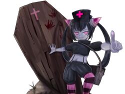 Rule 34 | 1girl, bag, black hair, black hat, black shirt, black shorts, bmp-to-png conversion, brown bag, chrome (mon-musu quest!), closed mouth, coffin, colored skin, cowboy shot, crop top, cross, demon girl, dirt, game cg, gloves, grey skin, hand on wall, hat, horizontal-striped thighhighs, horns, index finger raised, knee up, long hair, looking at viewer, midriff, mon-musu quest!, non-web source, nurse cap, pink eyes, pink horns, pink thighhighs, puffy short sleeves, puffy sleeves, purple thighhighs, red cross, ringed eyes, rubber gloves, shirt, short sleeves, shorts, shoulder bag, simple background, smile, solo, spoilers, suspender shorts, suspenders, thighhighs, transparent background, twintails, un do