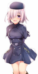Rule 34 | 1girl, :d, arms behind back, bankoku ayuya, belt, black capelet, black coat, black hat, blush, capelet, coat, fate/grand order, fate (series), hat, looking at viewer, mash kyrielight, mash kyrielight (traveling outfit), mash kyrielight (traveling outfit) (fate), official alternate costume, open mouth, pink hair, purple eyes, short hair, simple background, smile, solo, standing, white background