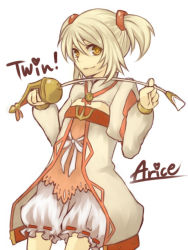 Rule 34 | 00s, 1girl, alice (tales), amarisu, blonde hair, bloomers, character name, rapier, short hair, short twintails, skirt, smile, solo, sword, tales of (series), tales of symphonia, tales of symphonia: dawn of the new world, twintails, underwear, weapon, white bloomers, yellow eyes