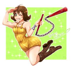 Rule 34 | 1girl, absurdres, boots, breasts, brown hair, final fantasy, final fantasy viii, flipped hair, green eyes, highres, holding nunchaku, holding weapon, looking at viewer, nunchaku, open mouth, selphie tilmitt, short hair, skirt, smile, solo, torikichi101, weapon, yellow overalls, yellow skirt