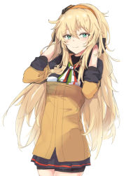 Rule 34 | 1girl, bike shorts, black gloves, blonde hair, blush, breasts, closed mouth, girls&#039; frontline, gloves, green eyes, hair between eyes, hairband, hands on own head, italian flag neckwear, long hair, looking at viewer, messy hair, mudiv, neckerchief, orange hairband, pleated skirt, s.a.t.8 (girls&#039; frontline), sidelocks, simple background, skirt, smile, solo, very long hair, white background