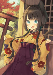 Rule 34 | &gt;:d, 1girl, :d, animal ears, aqua eyes, black hair, blunt bangs, brown kimono, fang, hakama, hakama skirt, japanese clothes, kimono, looking at viewer, low twintails, midorikawa you, open mouth, original, outdoors, pleated skirt, purple skirt, shrine, sidelocks, skirt, sleeves past wrists, smile, solo, solo focus, torii, twintails, upper body, v-shaped eyebrows