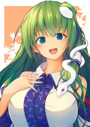 Rule 34 | .sin, 1girl, blue eyes, breasts, collared shirt, detached sleeves, frog hair ornament, green hair, hair ornament, hand on own chest, highres, japanese clothes, kochiya sanae, large breasts, leaf, leaf background, long hair, looking at viewer, maple leaf, miko, open mouth, orange background, patterned clothing, shirt, smile, snake hair ornament, solo, touhou, upper body, white shirt, wide sleeves