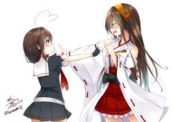 Rule 34 | 10s, 2girls, absurdres, ahoge, bare shoulders, black gloves, black serafuku, blue eyes, brown hair, closed eyes, detached sleeves, expressive hair, fingerless gloves, gloves, hair ornament, hairclip, haruna (kancolle), headgear, heart, heart ahoge, highres, index finger raised, japanese clothes, kantai collection, koi dance, long hair, long sleeves, looking at another, multiple girls, namikawa kuroha, necktie, nontraditional miko, pleated skirt, pointing, pointing up, remodel (kantai collection), school uniform, serafuku, shigure (kancolle), signature, simple background, skirt, smile, twitter username, white background