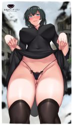 Rule 34 | 1girl, black bow, black hair, black panties, blue eyes, blunt bangs, blush, bob cut, bow, breasts, breasts apart, cameltoe, closed mouth, clothes lift, covered navel, cowboy shot, dress, female pubic hair, fubuki (one-punch man), gluteal fold, groin, hanada yanochi, large breasts, lifted by self, long sleeves, looking at viewer, one-punch man, panties, pubic hair, short hair, skirt, skirt lift, solo, standing, string panties, thighhighs, thong, underwear