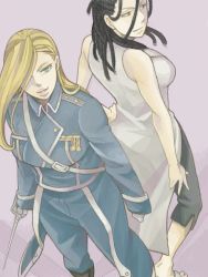 Rule 34 | 00s, 2girls, aqua eyes, back-to-back, bare arms, bare shoulders, black eyes, black hair, black pants, blonde hair, blue eyes, breasts, closed mouth, dreadlocks, fullmetal alchemist, hair over one eye, hand on own hip, holding, holding sword, holding weapon, izumi curtis, legs, lips, long hair, long sleeves, looking at viewer, matching hair/eyes, medium breasts, military, military uniform, multiple girls, olivier mira armstrong, pants, parted lips, sandals, sideboob, simple background, sleeveless, smile, standing, sword, thighs, uniform, weapon