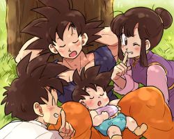 Rule 34 | 1girl, 3boys, ;), against tree, baby, black eyes, black hair, blue shirt, blush, brothers, chi-chi (dragon ball), child, chinese clothes, closed eyes, diaper, dragon ball, dragonball z, family, father and son, finger to mouth, grass, grin, happy, looking at viewer, mother and son, multiple boys, one eye closed, orange pants, pants, shirt, short hair, shushing, siblings, sleeping, sleeping on person, smile, son gohan, son goku, son goten, spiked hair, tkgsize, tree, white shirt
