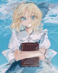 Rule 34 | 1girl, absurdres, alice margatroid, alice margatroid (pc-98), blonde hair, blue eyes, book, bow, crossed arms, facing viewer, grimoire of alice, hair bow, highres, holding, holding book, looking at viewer, smile, touhou, touhou (pc-98), uran 92
