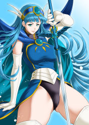 Rule 34 | 1girl, blue background, blue cape, blue hair, cape, capelet, commentary request, cowboy shot, elbow gloves, gloves, gluteal fold, gradient background, green eyes, headgear, highres, leotard, lips, long hair, looking at viewer, magic knight rayearth, official alternate costume, rakusai (saisai garou), ryuuzaki umi, sitting, solo, sword, thighhighs, weapon, white gloves, white thighhighs