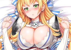 Rule 34 | 1girl, armor, blonde hair, blush, breasts, cendrillion (wonderland wars), cleavage, earrings, female focus, gradient background, hair ribbon, jewelry, large breasts, long hair, looking at viewer, lying, miyamoto issa, on back, parted lips, ribbon, shoulder armor, solo, wonderland wars